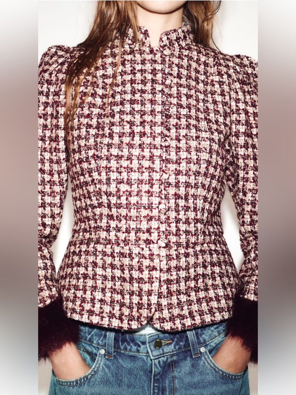 Zara Womens Maroon & Cream Tweed Jacket